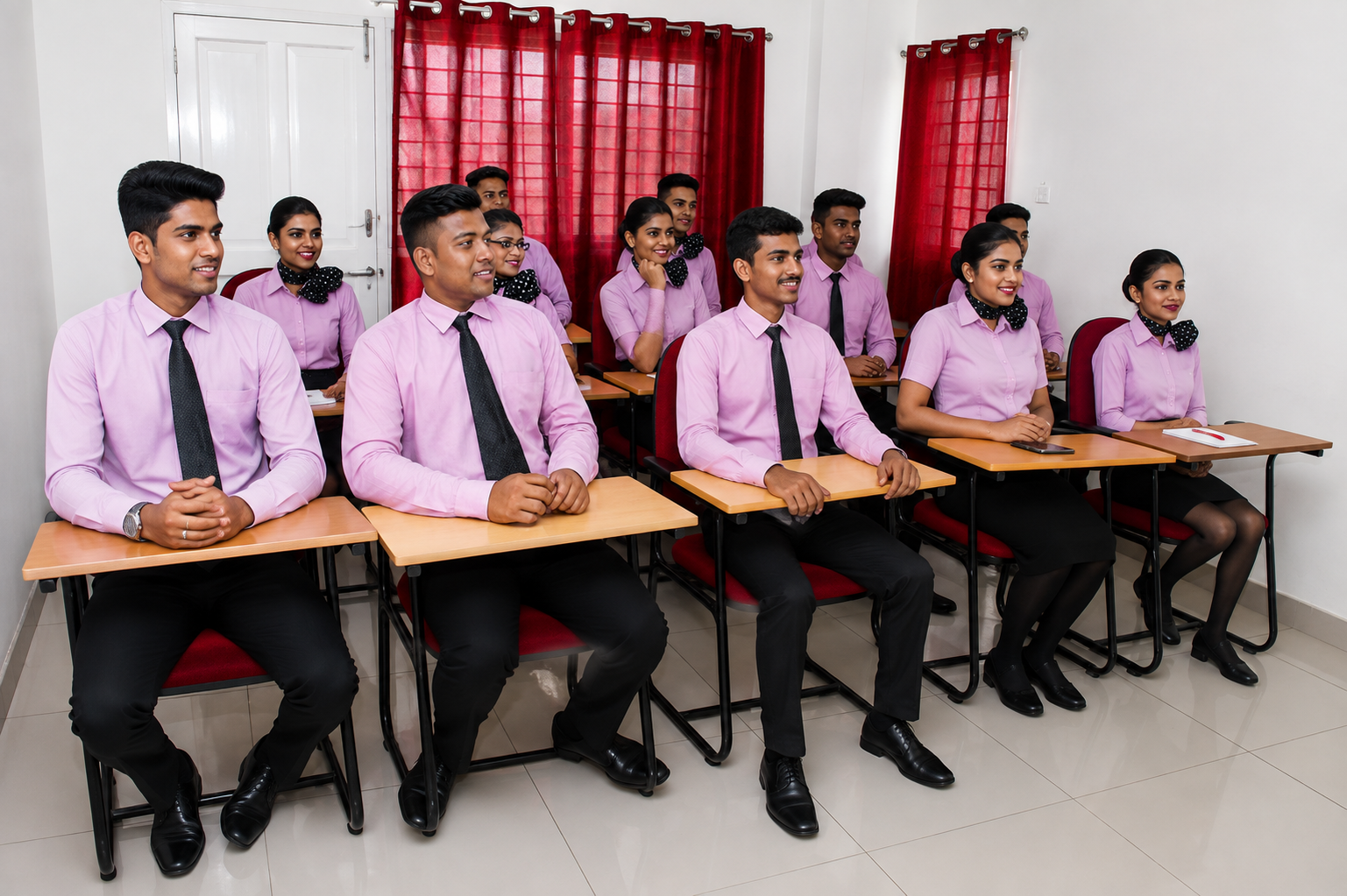 Rows of desks in a PTC classroom set up for practical training